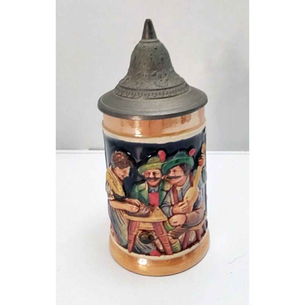1/8 Liter Lidded Stein Froh Gemiit Lustig Lied Glazed 5.5 In Tall